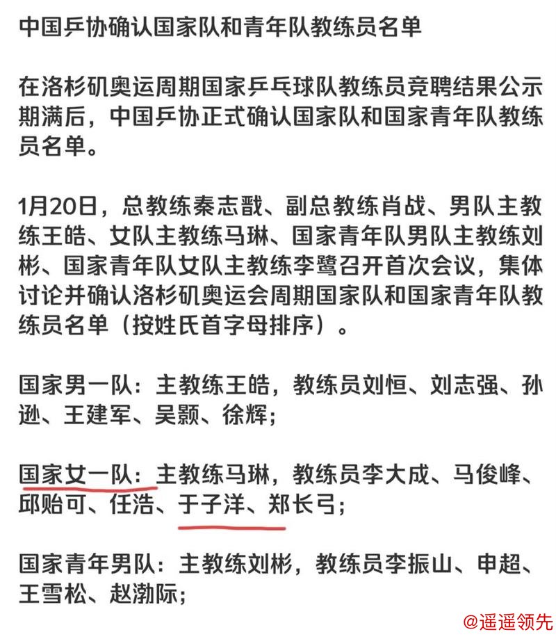 教练组名单公布！国乒破格提拔王曼昱昔日搭档于子洋！陈梦恩师将执教王楚钦？